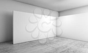 Abstract empty interior, white walls installation on concrete floor, contemporary architecture design. 3d illustration