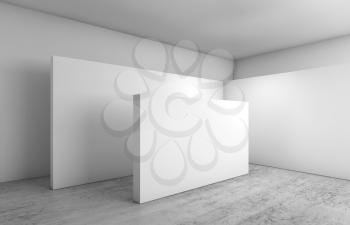 Abstract empty white interior background, corner with blank banners installation on concrete floor, contemporary architecture design. 3d illustration