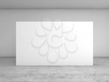 Abstract empty white interior background, blank banner stand on concrete floor, contemporary architecture design. Front view, 3d illustration