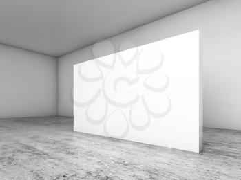 Abstract empty white interior background, blank banner stand on concrete floor, contemporary cg architecture design. 3d illustration