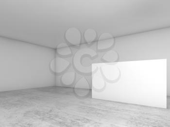 Abstract empty white interior background, blank rectangle banner standing on concrete floor, contemporary architecture design. 3d illustration, frontal view