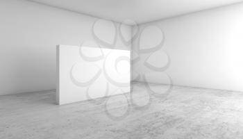 Abstract empty white interior background, blank banner standing on concrete floor, contemporary architecture design. 3d illustration, frontal view