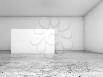 Abstract empty white interior background, blank banner stand on concrete floor, contemporary architecture design. 3d illustration, frontal view