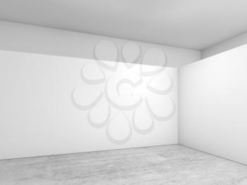 Abstract empty white interior background, corner of blank white banners installation on concrete floor, contemporary open space architecture design. 3d illustration