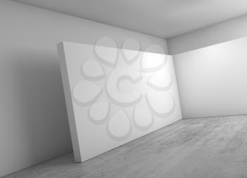 Abstract empty white interior background, corner of blank white banners installation on concrete floor, modern open space architecture design. 3d illustration