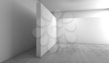 Abstract empty white interior background, corner of blank white banners installation on concrete floor, contemporary architecture design. 3d illustration