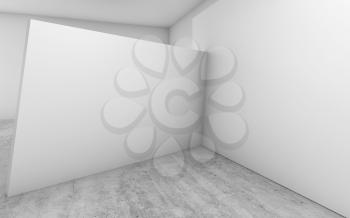 Abstract empty interior, white walls installation on concrete floor, architecture design, cg illustration, 3d render