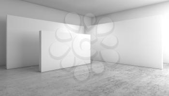 Abstract empty white interior background, corner with blank walls installation on concrete floor, contemporary architecture design. 3d illustration