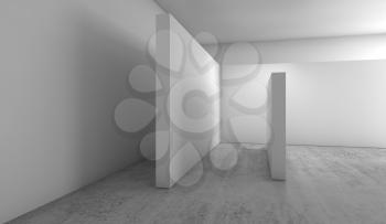 Abstract empty interior background, blank white walls installation on concrete floor, contemporary architecture design, cg, 3d illustration