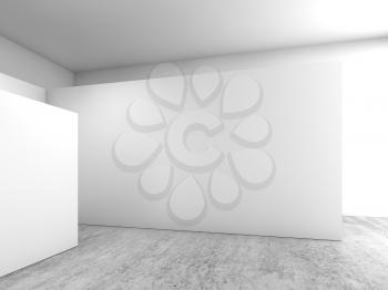 Abstract empty interior, white walls installation on concrete floor, contemporary open space architecture design, 3d illustration