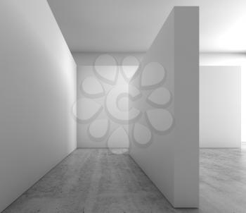 Abstract empty interior background, blank white walls installation on concrete floor, contemporary architecture design. 3d illustration