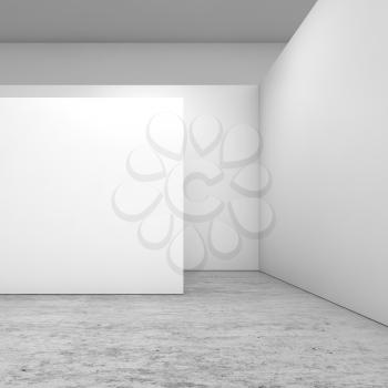 Abstract empty interior, white walls installation on concrete floor, contemporary open space architecture design. Square 3d illustration
