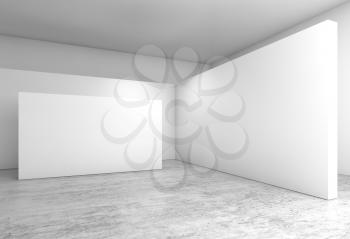 Abstract empty interior, white walls installation on concrete floor, contemporary open space architecture design. 3d illustration