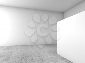Abstract empty interior background, blank white banner stands on concrete floor, open space architecture design. 3d illustration