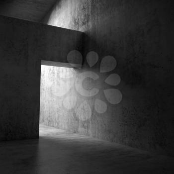 Abstract dark empty interior, doorway in concrete wall, square 3d illustration