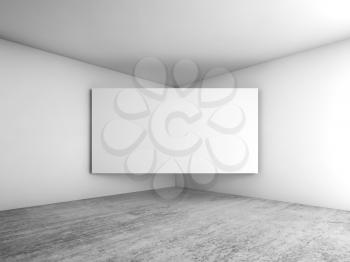 Abstract empty white room interior background, blank screen banner in the corner, architecture design. 3d illustration