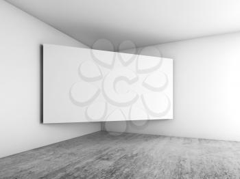 Abstract empty white room interior background, blank screen banner mounted in the corner, architecture design. 3d illustration