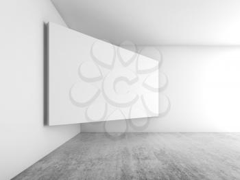 Abstract empty white interior background, blank screen banner mounted in the corner, contemporary architecture design. 3d illustration