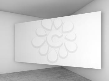 Abstract empty white interior background, blank screen banner mounted in the corner, contemporary architecture design. 3d illustration