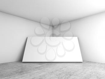 Abstract white empty interior, blank banner stands in corner, contemporary architecture design. 3d render illustration