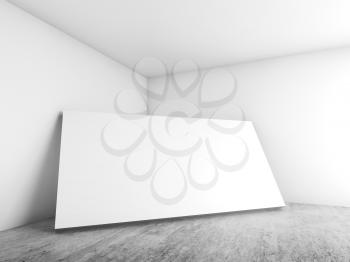 Abstract white interior background, blank banner stands in corner, contemporary architecture design. 3d render illustration