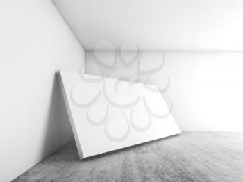 Abstract white empty interior background, blank banner stands in corner, contemporary architecture design. 3d render illustration