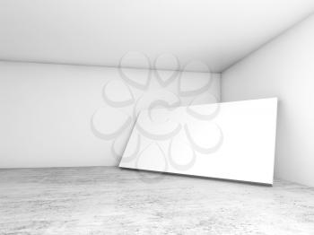 Abstract empty white interior background, blank banner stands in the corner, contemporary architecture design. 3d render illustration