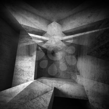 Abstract black concrete interior background, intersected walls and girders, square illustration with double exposure effect, 3d render 