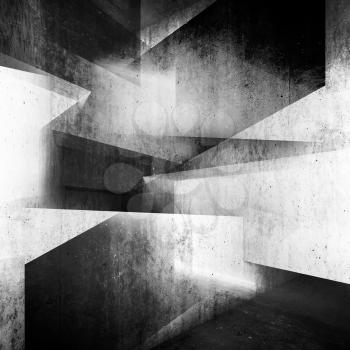 Abstract dark concrete interior background, intersected walls and girders, square illustration with double exposure effect, 3d render 