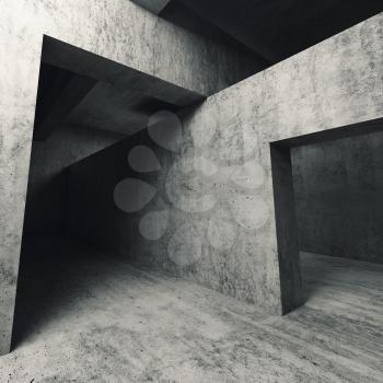 Abstract empty concrete interior, walls with doorways, square 3d illustration
