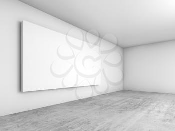 Abstract empty white interior background, blank screen banner mounted on the wall, contemporary architecture design. 3d illustration