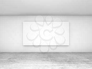 Abstract empty white interior background, blank screen banner mounted on the wall, front view. 3d illustration