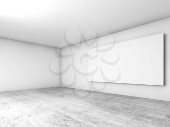 Abstract empty white interior background, blank screen banner mounted on the wall, contemporary architecture design. 3d illustration