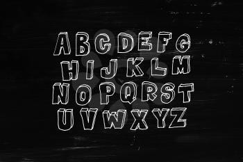 Hand drawn volumetric abc, doodle style. White letters over black chalkboard background, sketch illustration