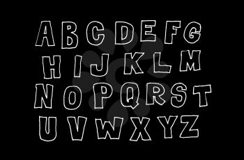 Hand drawn abc, doodle style. White flat letters over black background, sketch illustration