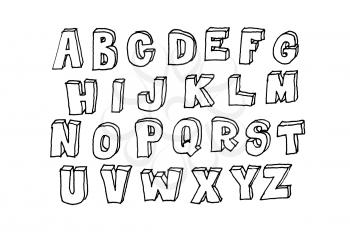 Hand drawn abc, doodle style. Black letters over white background, sketch illustration