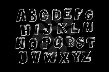 Hand drawn abc, doodle style. White letters over black background, sketch illustration