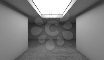 Abstract contemporary architecture template, empty room interior background. Concrete floor, white walls and square ceiling light window. 3d illustration