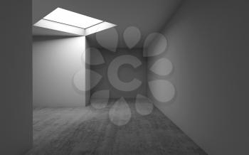 Abstract contemporary architecture, empty room interior background. Concrete floor, white walls and square ceiling light window. 3d render illustration