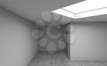 Abstract architecture, empty room interior background. Concrete floor, white walls and square ceiling light window. 3d render illustration