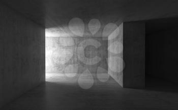 Abstract dark empty concrete interior background, room with glowing doorway, 3d render illustration