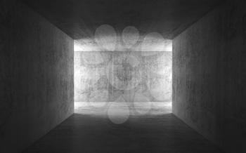 Abstract dark empty concrete interior background, corridor with glowing doorways, 3d render illustration