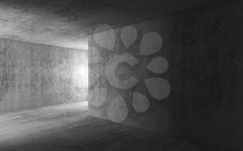 Abstract dark empty concrete interior background, corridor with glowing doorway, 3d render illustration
