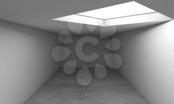 Abstract contemporary architecture template, empty room interior background. Concrete floor, white walls and square light window in ceiling. 3d render illustration