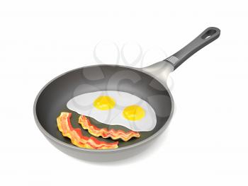 Fried eggs and bacon on the pan isolated on white background