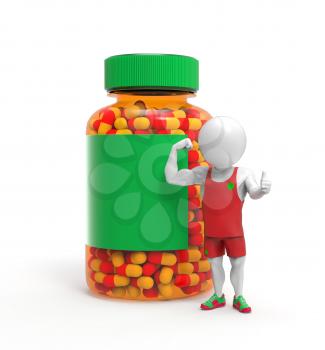 3D little person as sportsman stands near steroids pills bottle