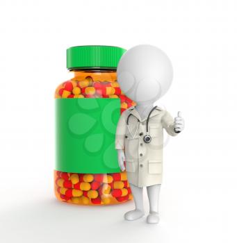 3D little person as doctor stands near pills bottle