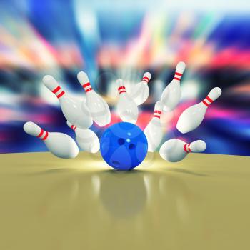Illustration of scattered skittles and bowling ball on wooden floor