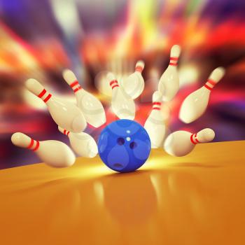 Illustration of spread skittles and bowling ball on wooden floor