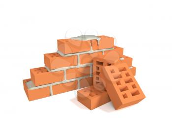 Stack of red bricks isolated on white background